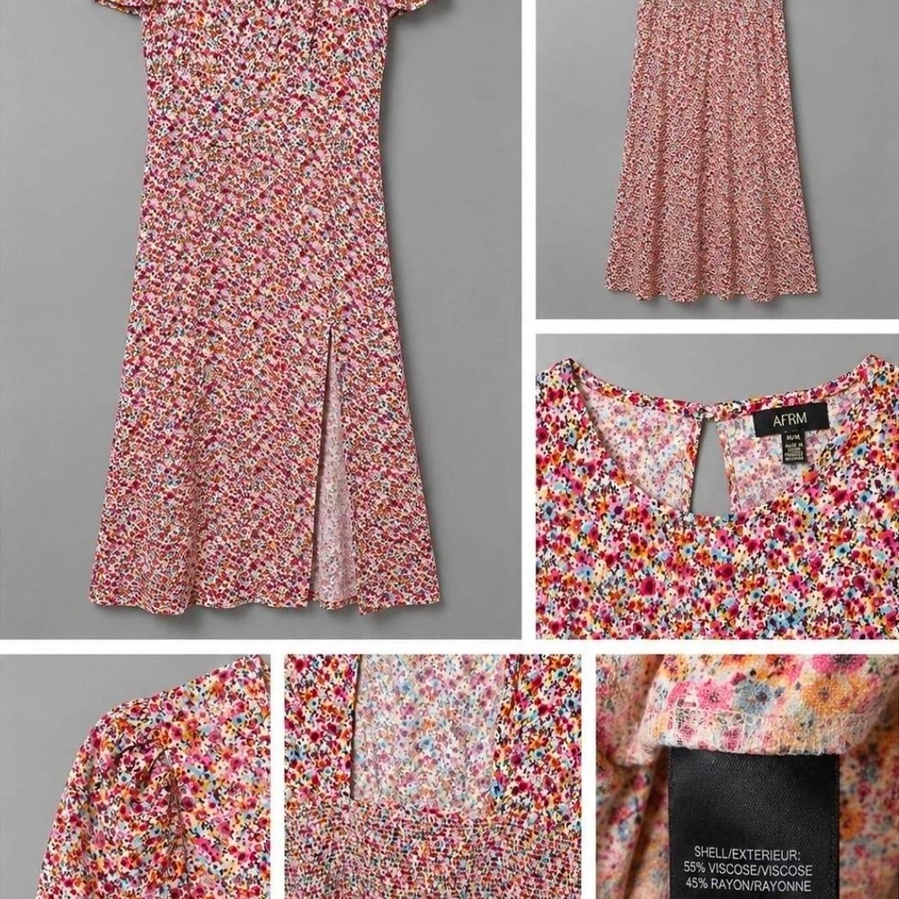AFRM Floral Puff Sleeve Flowy Midi Dress Pink Multi Square Neck Slit Medium